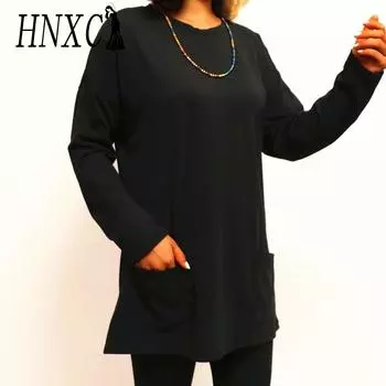 HNXC женские модные повседневные осенне-зимние однотонные блузки и рубашки с круглым вырезом и длинными рукавами с принтом S чёрный