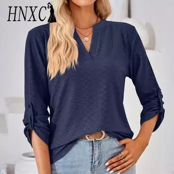 HNXC женские модные повседневные осенне-зимние однотонные блузки и рубашки с длинными рукавами и v-образным вырезом с принтом S чёрный