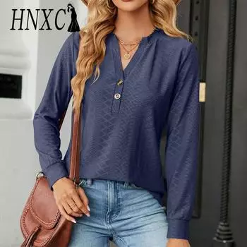 HNXC женские модные повседневные осенне-зимние однотонные блузки и рубашки с длинными рукавами и v-образным вырезом с принтом S чёрный