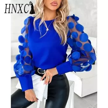 HNXC женские модные повседневные осенне-зимние однотонные блузки и рубашки с круглым вырезом и длинными рукавами с принтом S синий