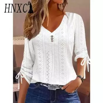 HNXC женские модные повседневные осенне-зимние однотонные блузки и рубашки с длинными рукавами и v-образным вырезом с принтом S белый