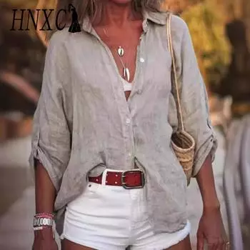 HNXC Женские модные повседневные осенне-зимние однотонные блузки и рубашки с длинным рукавом с воротником-поло и принтом S белый