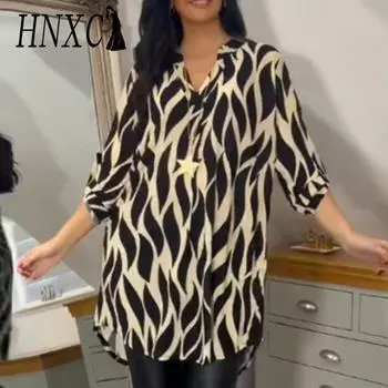 HNXC Женские модные повседневные осенне-зимние однотонные блузки и рубашки с длинным рукавом с воротником-поло и принтом S