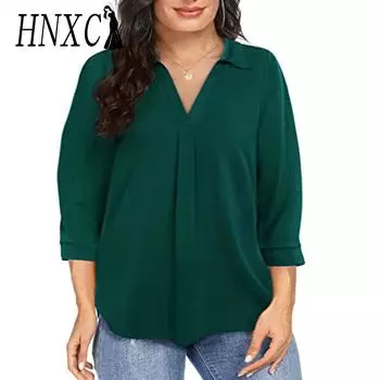 HNXC женские модные повседневные осенне-зимние однотонные блузки и рубашки с длинными рукавами и v-образным вырезом с принтом XL зелёный