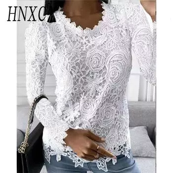 HNXC женские модные повседневные осенне-зимние однотонные блузки и рубашки с круглым вырезом и длинными рукавами с принтом S белый