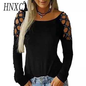 HNXC женские модные повседневные осенне-зимние однотонные блузки и рубашки с круглым вырезом и длинными рукавами с принтом S чёрный