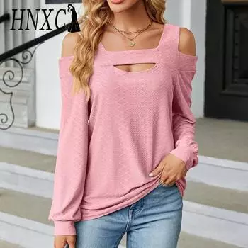 HNXC женские модные повседневные осенне-зимние однотонные блузки и рубашки с квадратным воротником и длинными рукавами с принтом S чёрный