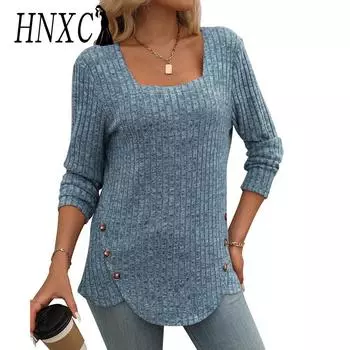 HNXC женские модные повседневные осенне-зимние однотонные блузки и рубашки с квадратным воротником и длинными рукавами с принтом S чёрный