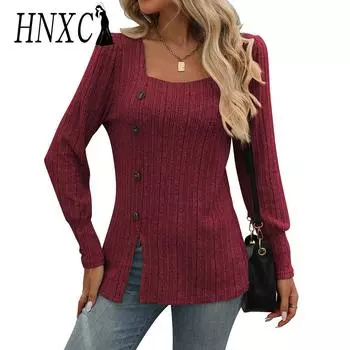 HNXC женские модные повседневные осенне-зимние однотонные блузки и рубашки с квадратным воротником и длинными рукавами с принтом S светло-фиолетовый