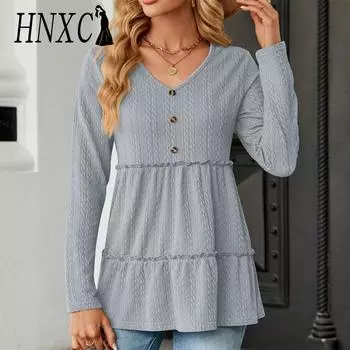 HNXC женские модные повседневные осенне-зимние однотонные блузки и рубашки с длинными рукавами и v-образным вырезом с принтом S чёрный