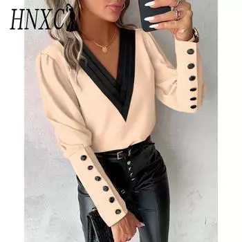 HNXC женские модные повседневные осенне-зимние однотонные блузки и рубашки с длинными рукавами и v-образным вырезом с принтом S белый