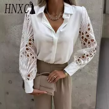 HNXC Женские модные повседневные осенне-зимние однотонные блузки и рубашки с длинным рукавом с воротником-поло и принтом S белый