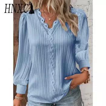 HNXC женские модные повседневные осенне-зимние однотонные блузки и рубашки с длинными рукавами и v-образным вырезом с принтом S белый