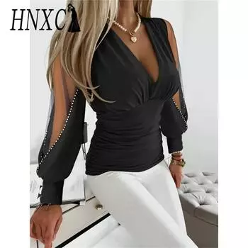 HNXC женские модные повседневные осенне-зимние однотонные блузки и рубашки с длинными рукавами и v-образным вырезом с принтом S бордовый