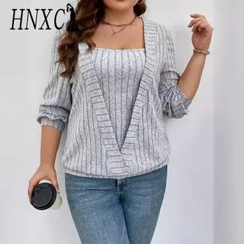 HNXC женские модные повседневные осенне-зимние однотонные блузки и рубашки с длинными рукавами и v-образным вырезом с принтом S серый