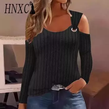 HNXC женские модные повседневные осенне-зимние однотонные блузки и рубашки с круглым вырезом и длинными рукавами с принтом S чёрный