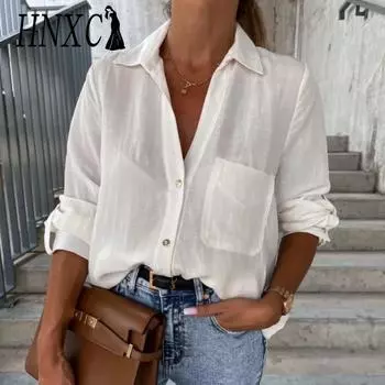 HNXC Женские модные повседневные осенне-зимние однотонные блузки и рубашки с длинным рукавом с воротником-поло и принтом S белый