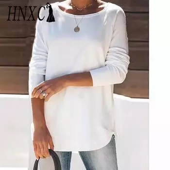 HNXC женские модные повседневные осенне-зимние однотонные блузки и рубашки с круглым вырезом и длинными рукавами с принтом S белый
