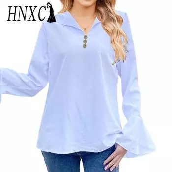 HNXC женские модные повседневные осенне-зимние однотонные блузки и рубашки с длинными рукавами и v-образным вырезом с принтом S чёрный