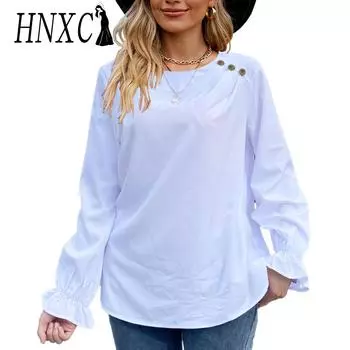 HNXC женские модные повседневные осенне-зимние однотонные блузки и рубашки с круглым вырезом и длинными рукавами с принтом S белый