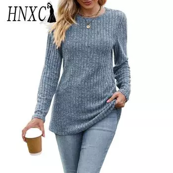 HNXC женские модные повседневные осенне-зимние однотонные блузки и рубашки с круглым вырезом и длинными рукавами с принтом S чёрный