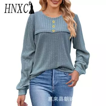 HNXC женские модные повседневные осенне-зимние однотонные блузки и рубашки с круглым вырезом и длинными рукавами с принтом S синий