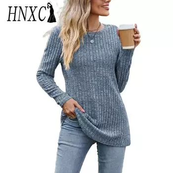 HNXC женские модные повседневные осенне-зимние однотонные блузки и рубашки с круглым вырезом и длинными рукавами с принтом S бордовый