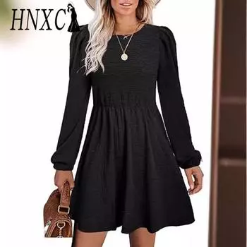 HNXC женские модные повседневные осенне-зимние однотонные блузки и рубашки с круглым вырезом и длинными рукавами с принтом S чёрный