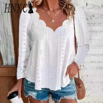HNXC женские модные повседневные осенне-зимние однотонные блузки и рубашки с длинными рукавами и v-образным вырезом с принтом S белый