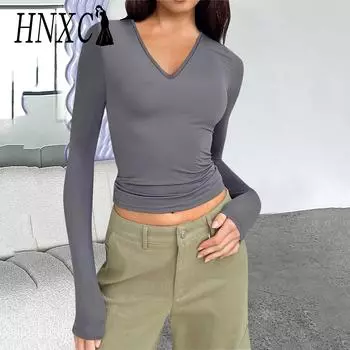 HNXC женские модные повседневные осенне-зимние однотонные блузки и рубашки с длинными рукавами и v-образным вырезом с принтом S чёрный