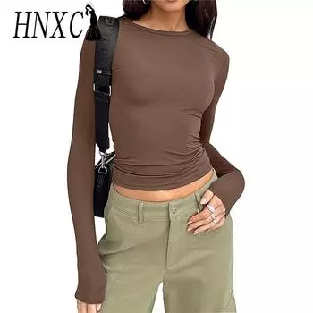 HNXC женские модные повседневные осенне-зимние однотонные блузки и рубашки с круглым вырезом и длинными рукавами с принтом XS