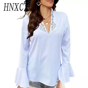 HNXC женские модные повседневные осенне-зимние однотонные блузки и рубашки с длинными рукавами и v-образным вырезом с принтом S белый