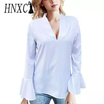 HNXC женские модные повседневные осенне-зимние однотонные блузки и рубашки с длинными рукавами и v-образным вырезом с принтом S белый