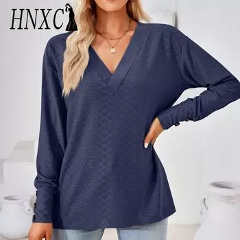HNXC женские модные повседневные осенне-зимние однотонные блузки и рубашки с длинными рукавами и v-образным вырезом с принтом S чёрный
