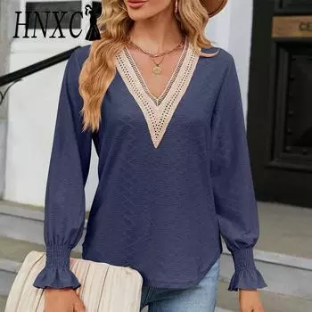 HNXC женские модные повседневные осенне-зимние однотонные блузки и рубашки с длинными рукавами и v-образным вырезом с принтом S чёрный