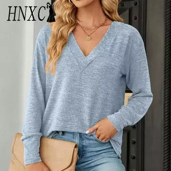 HNXC женские модные повседневные осенне-зимние однотонные блузки и рубашки с длинными рукавами и v-образным вырезом с принтом S чёрный