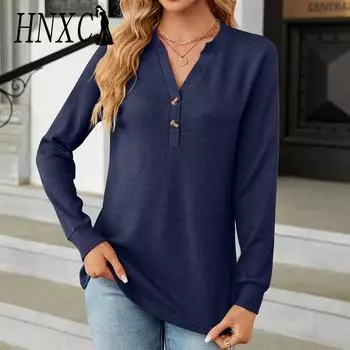 HNXC женские модные повседневные осенне-зимние однотонные блузки и рубашки с длинными рукавами и v-образным вырезом с принтом S чёрный
