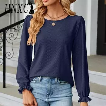 HNXC женские модные повседневные осенне-зимние однотонные блузки и рубашки с длинными рукавами и v-образным вырезом с принтом S чёрный