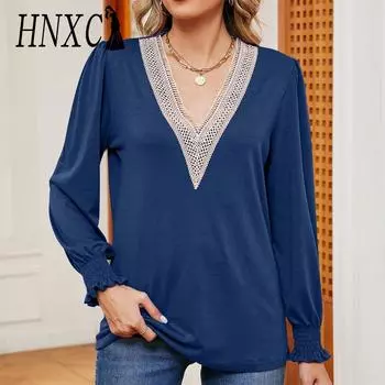 HNXC женские модные повседневные осенне-зимние однотонные блузки и рубашки с длинными рукавами и v-образным вырезом с принтом S чёрный
