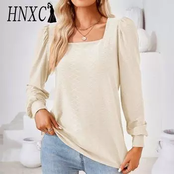 HNXC женские модные повседневные осенне-зимние однотонные блузки и рубашки с квадратным воротником и длинными рукавами с принтом S чёрный