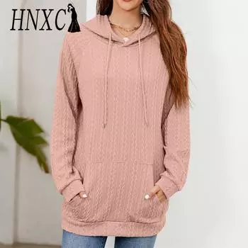HNXC женские модные повседневные осенне-зимние однотонные толстовки с капюшоном и длинными рукавами с принтом S чёрный