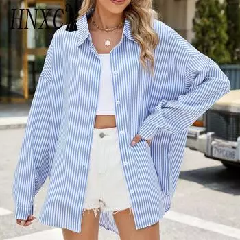 HNXC Женские модные повседневные осенне-зимние рубашки-поло с длинным рукавом и принтом в полоску, блузки и рубашки S чёрный