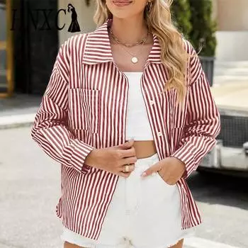 HNXC Женские модные повседневные осенне-зимние рубашки-поло с длинным рукавом и принтом в полоску, блузки и рубашки S чёрный