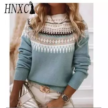 HNXC женские модные повседневные осенне-зимние свободные свитера с длинным рукавом и круглым вырезом S морской синий