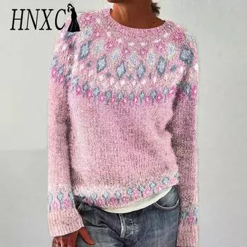 HNXC женские модные повседневные осенне-зимние свободные свитера с длинным рукавом и круглым вырезом S