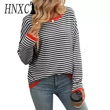 HNXC женские модные повседневные полосатые принты осень-зима с длинным рукавом и круглым вырезом свободные свитера S коричневый