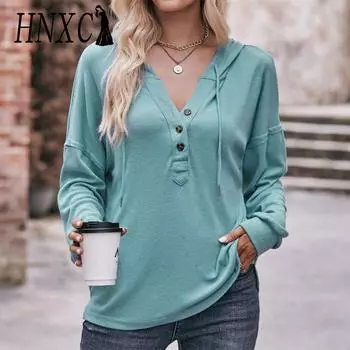 HNXC женские модные повседневные весенне-осенние однотонные блузки и рубашки с длинными рукавами и v-образным вырезом с принтом M чёрный