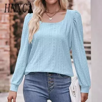 HNXC женские модные повседневные весенне-осенние однотонные блузки и рубашки с квадратным воротником и длинными рукавами с принтом S чёрный