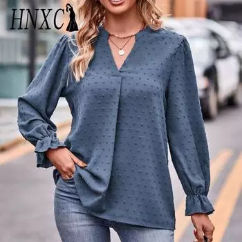 HNXC женские модные повседневные весенне-осенние однотонные блузки и рубашки с длинными рукавами и v-образным вырезом с принтом S чёрный