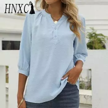 HNXC женские модные повседневные весенне-осенние однотонные блузки и рубашки с v-образным вырезом и рукавом 3/4 с принтом S белый